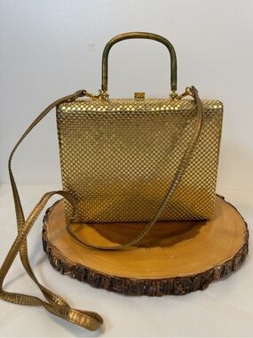 Vintage Gold Hard Shell Box Metallic Mesh Shoulder Bag with arch handle